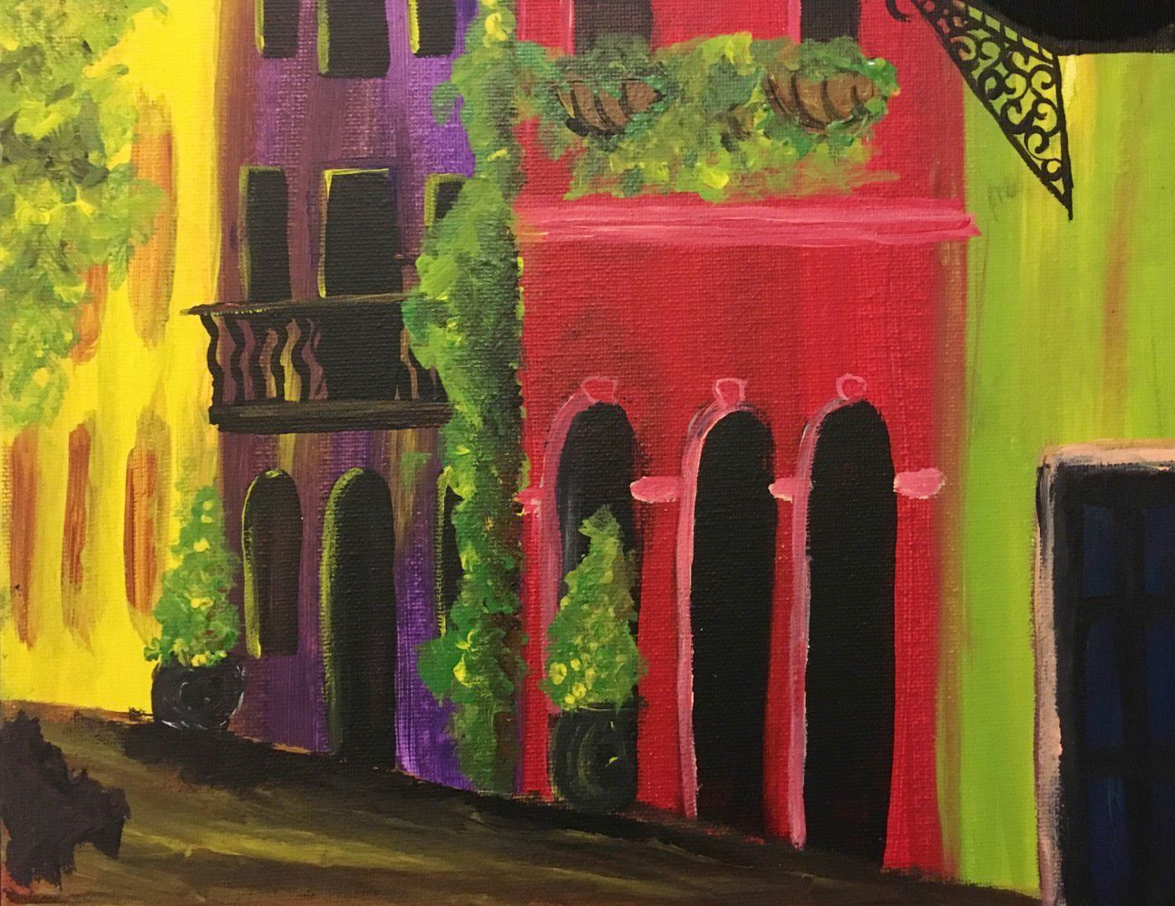 A painting of a row of colorful buildings on a street.