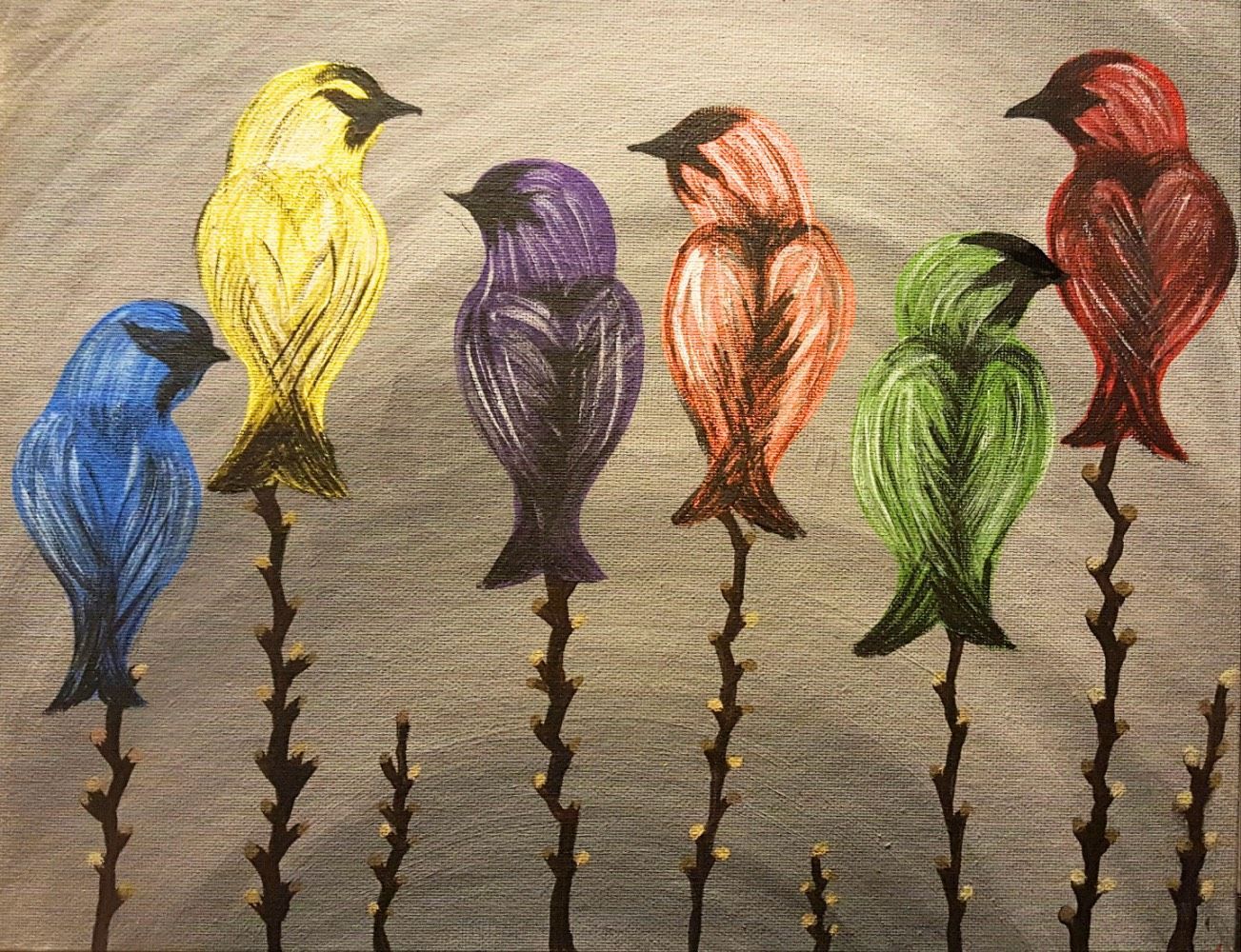 A painting of five colorful birds sitting on branches