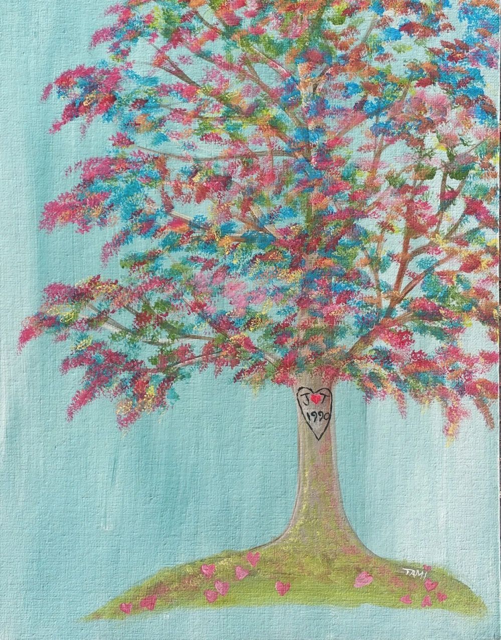 A painting of a tree with a heart on the trunk