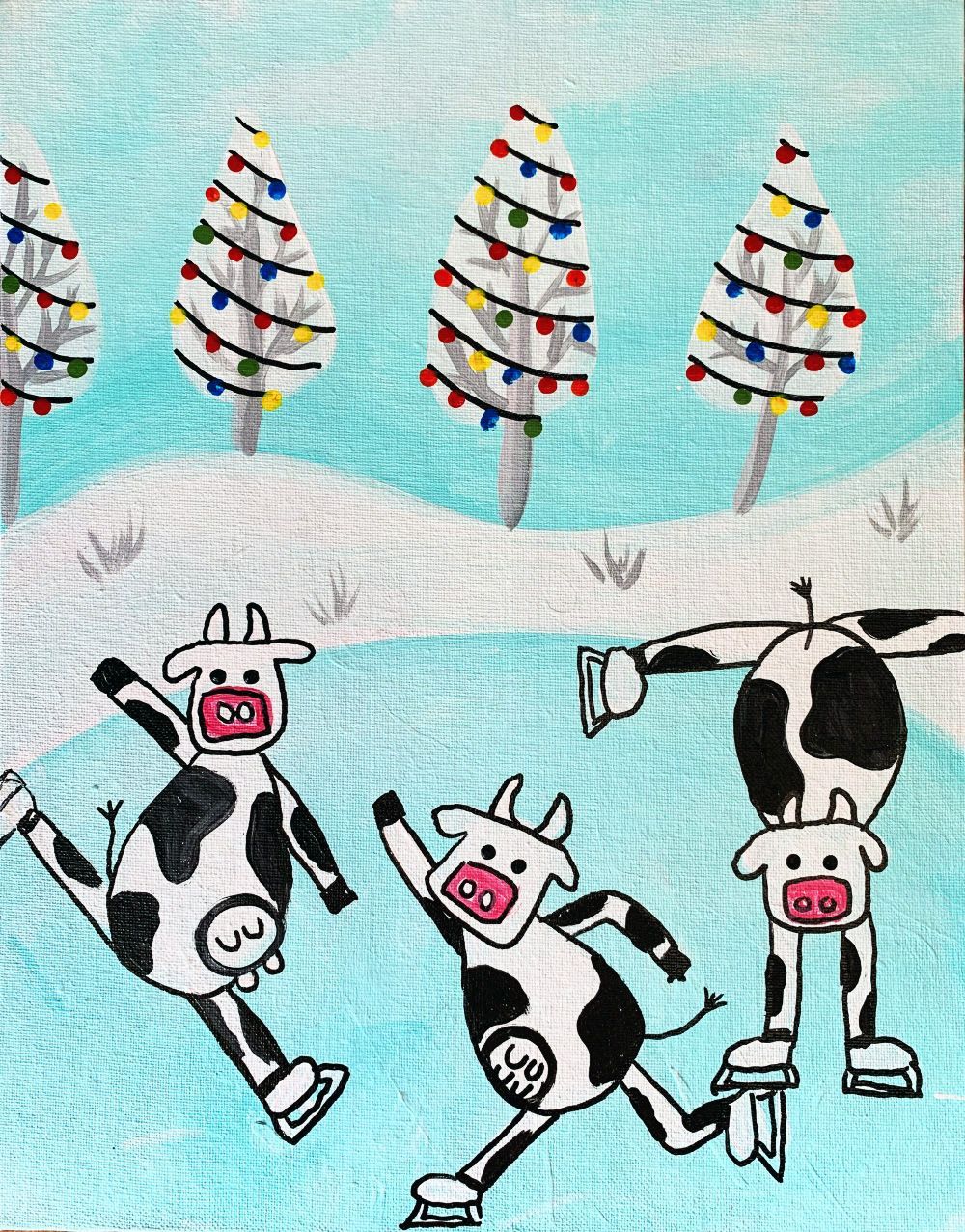 A painting of three cows ice skating with christmas trees in the background