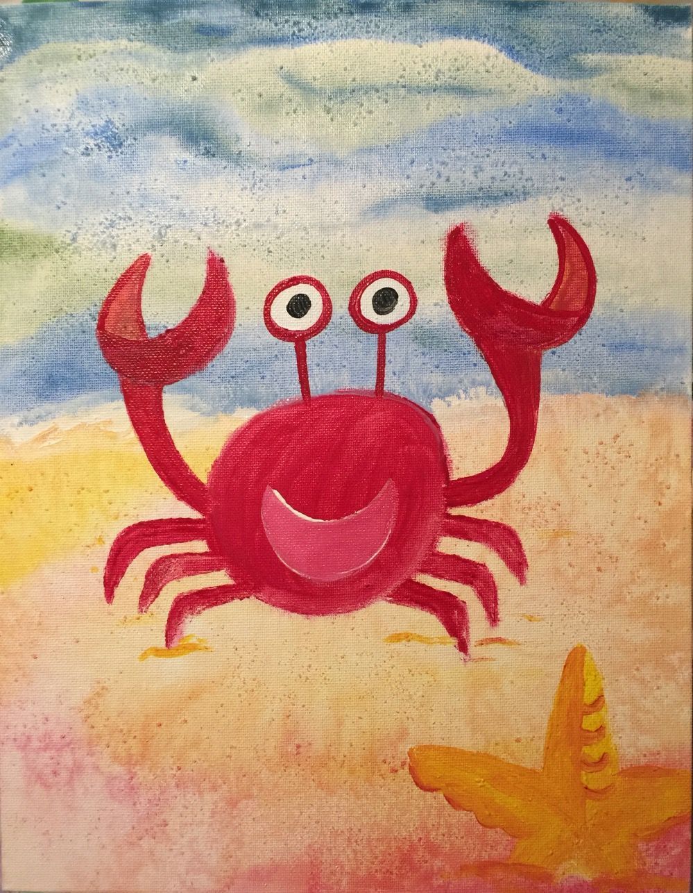 A painting of a crab and a starfish on the beach