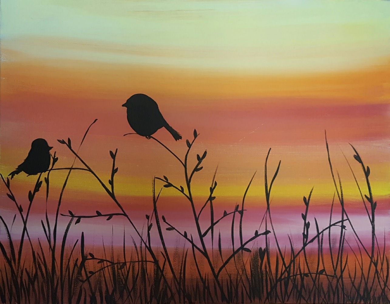 A painting of two birds sitting on a branch at sunset