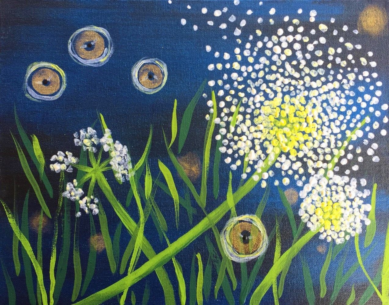 A painting of a dandelion with bubbles coming out of it