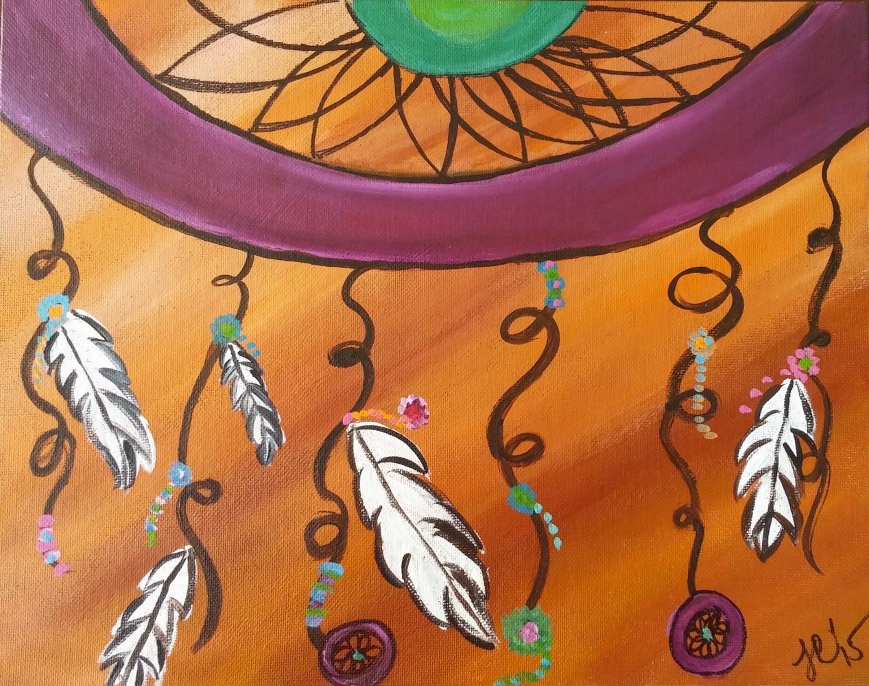 A painting of a dream catcher with feathers and beads