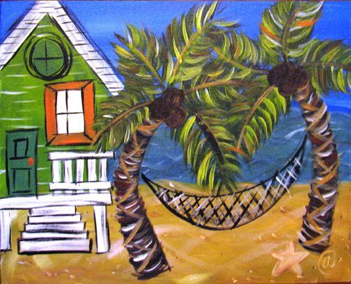 A painting of a house with palm trees and a hammock