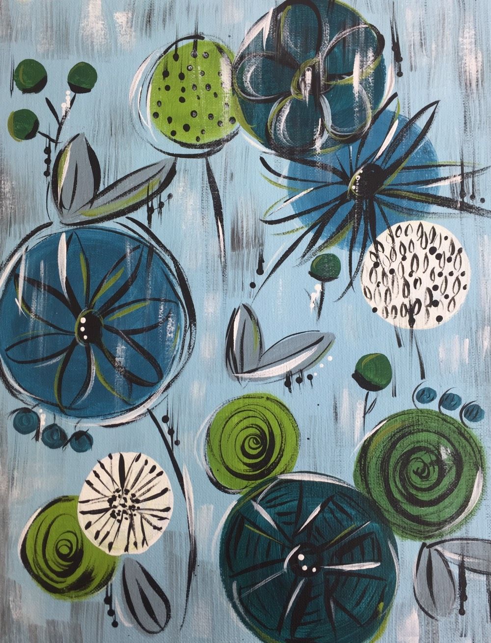 A painting of blue and green flowers on a blue background