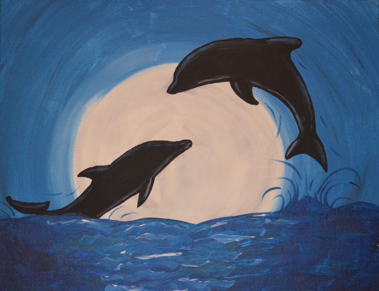 A painting of two dolphins jumping out of the water