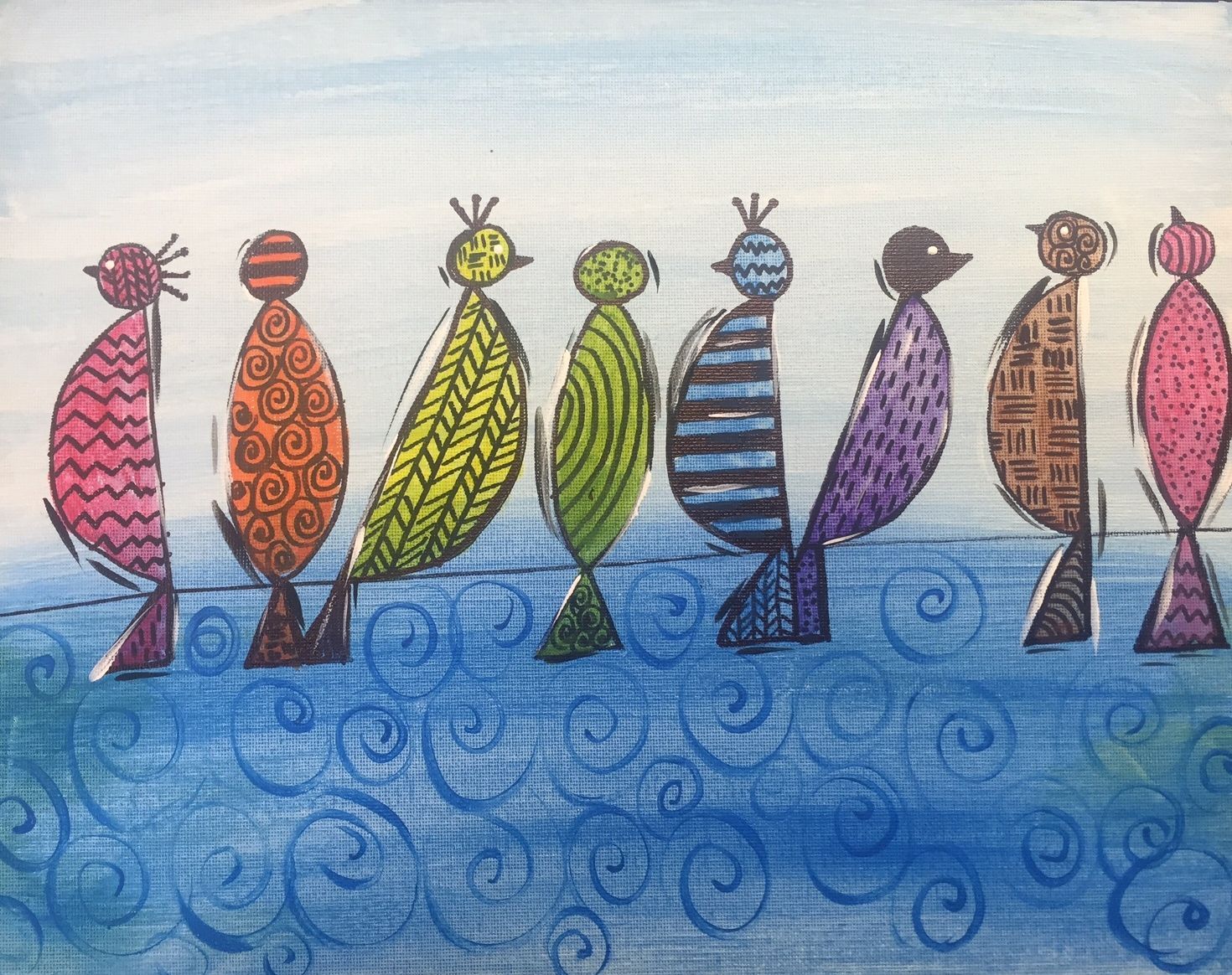 A painting of colorful birds on a blue background