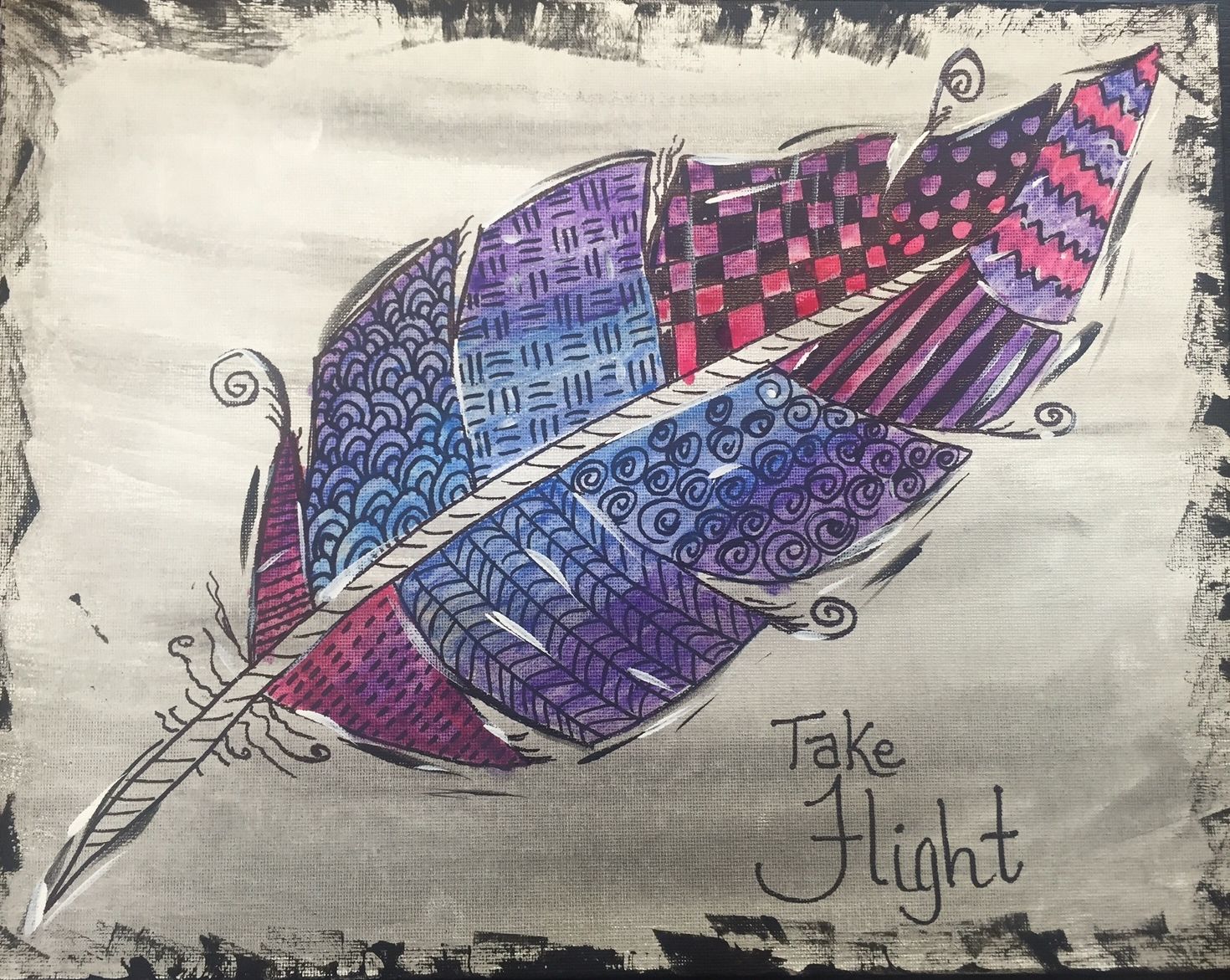 A drawing of a feather with the words take flight below it