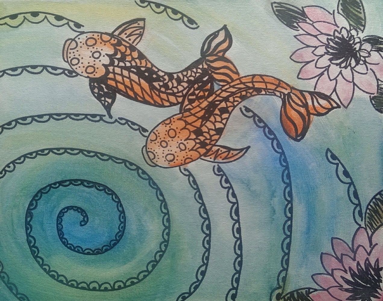 A drawing of two fish swimming in a pond with flowers