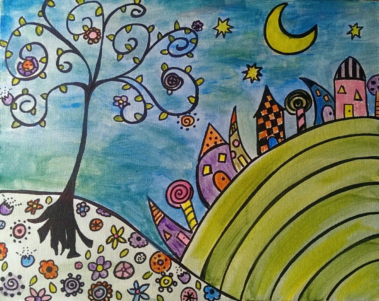 A painting of a tree and houses with a crescent moon in the background