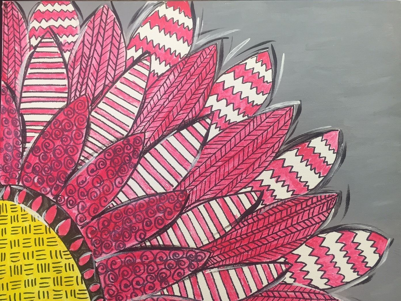 A drawing of a flower with pink and white stripes