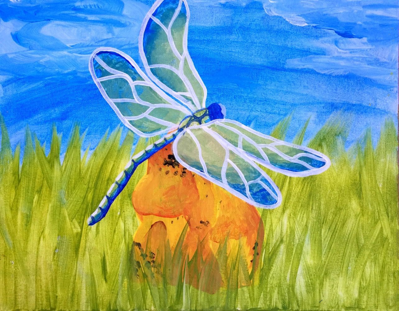 A painting of a dragonfly sitting on a mushroom in the grass