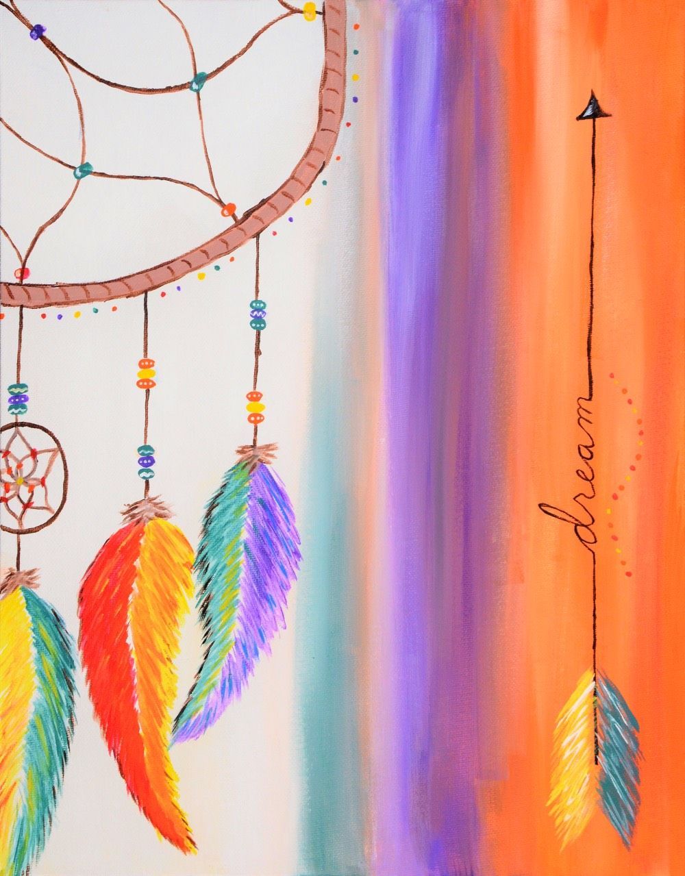A painting of a dream catcher with feathers and an arrow that says dream