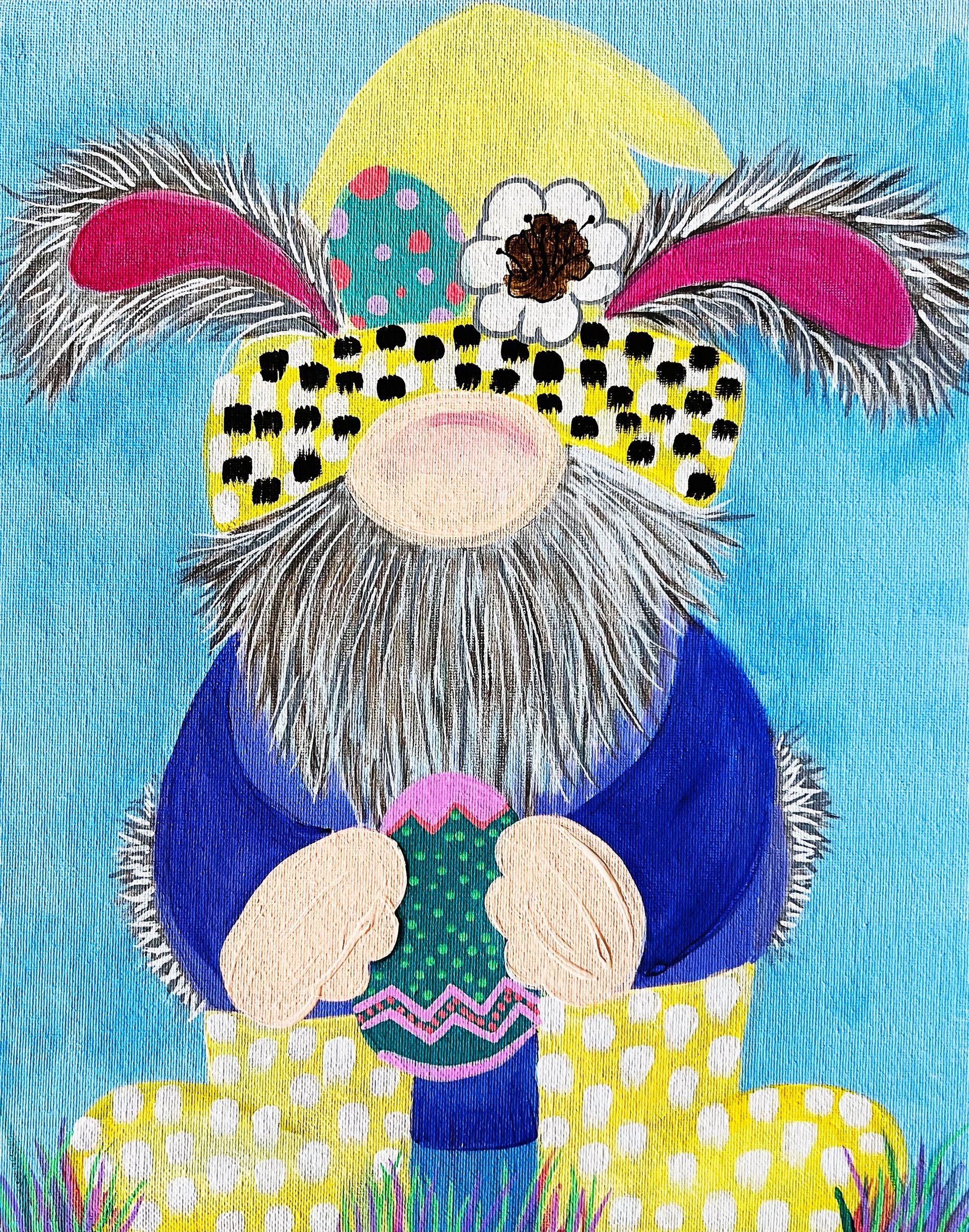 A painting of a gnome holding an easter egg