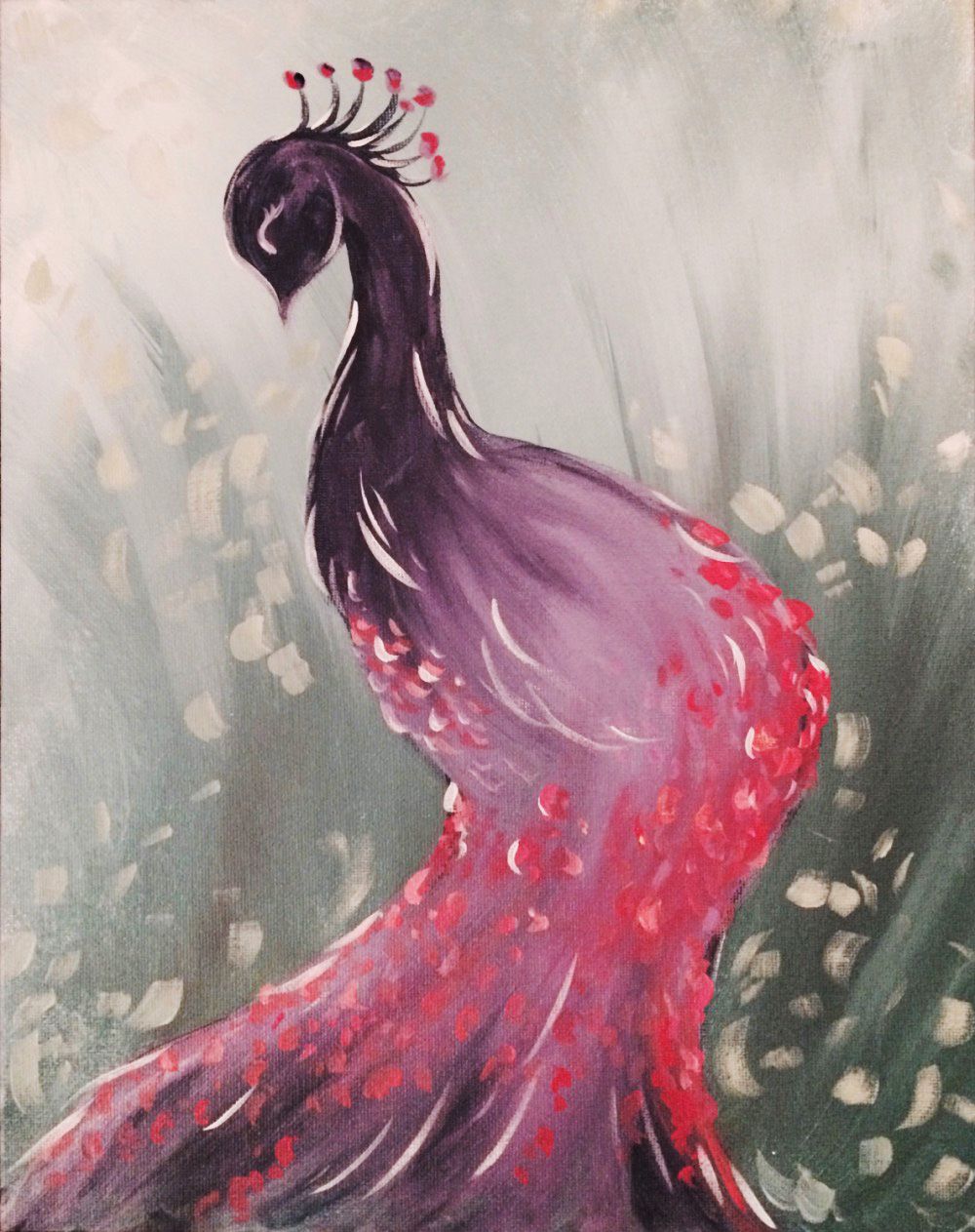 A painting of a peacock with purple and red feathers