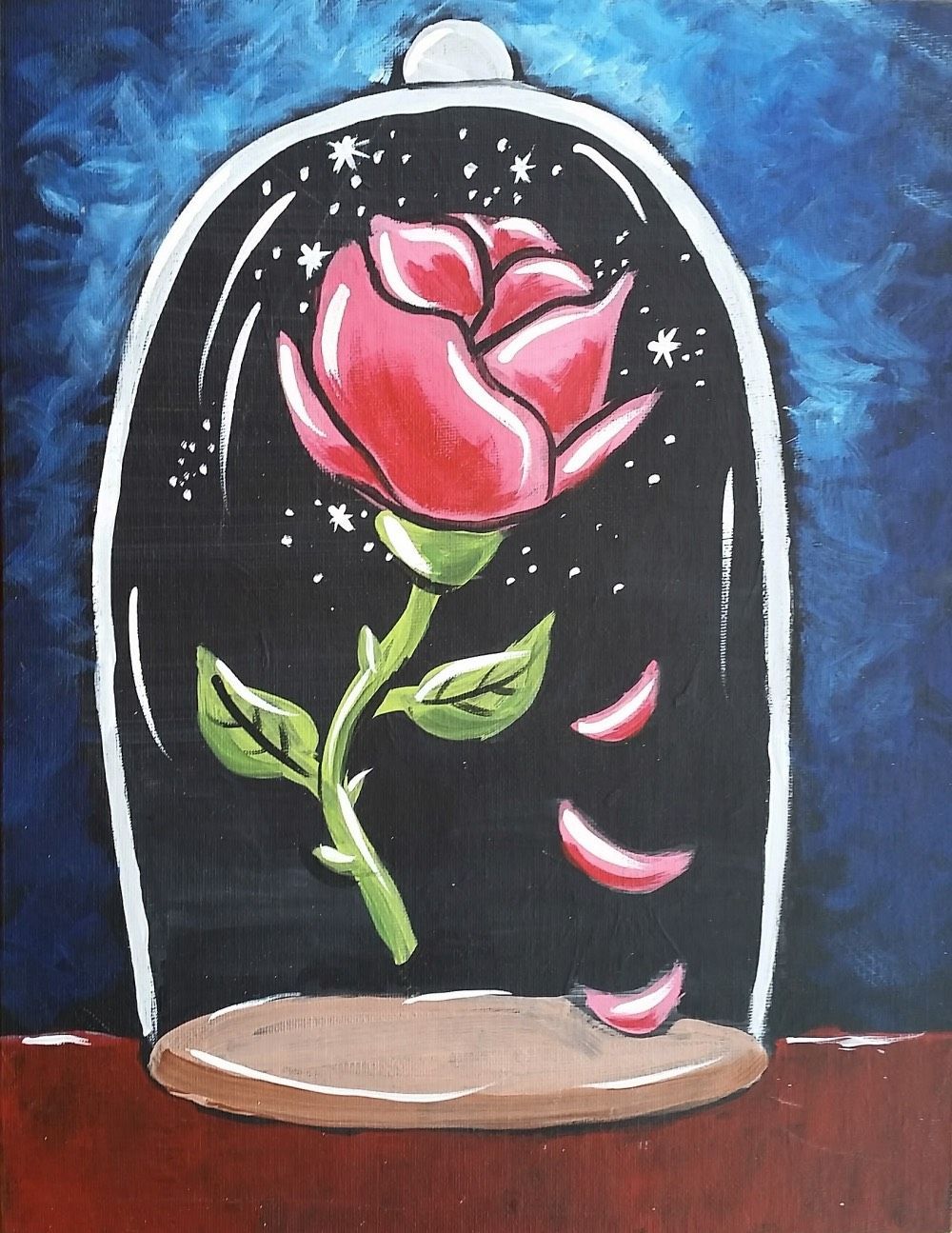 A painting of a rose in a glass dome