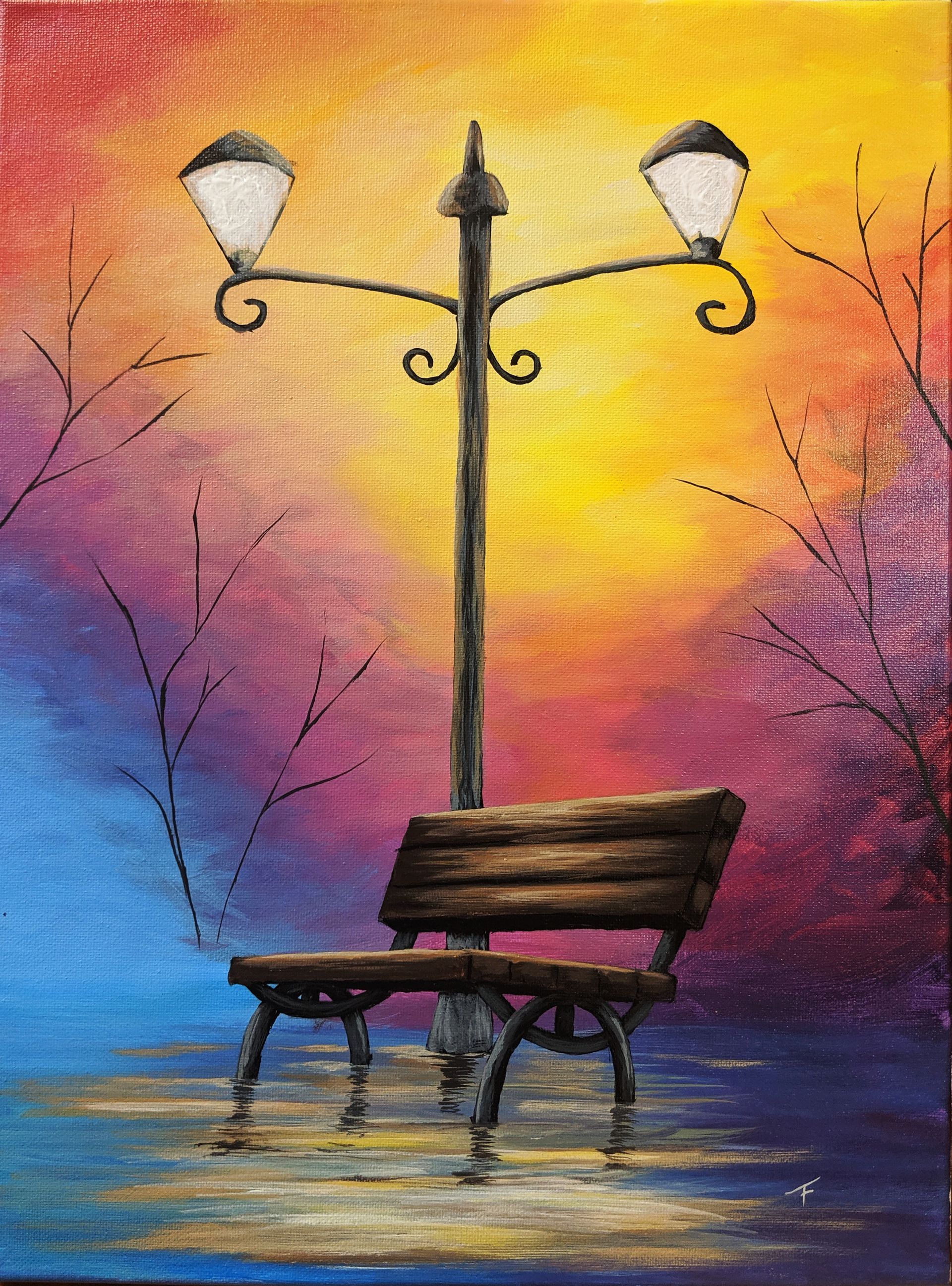 A painting of a park bench under a street light