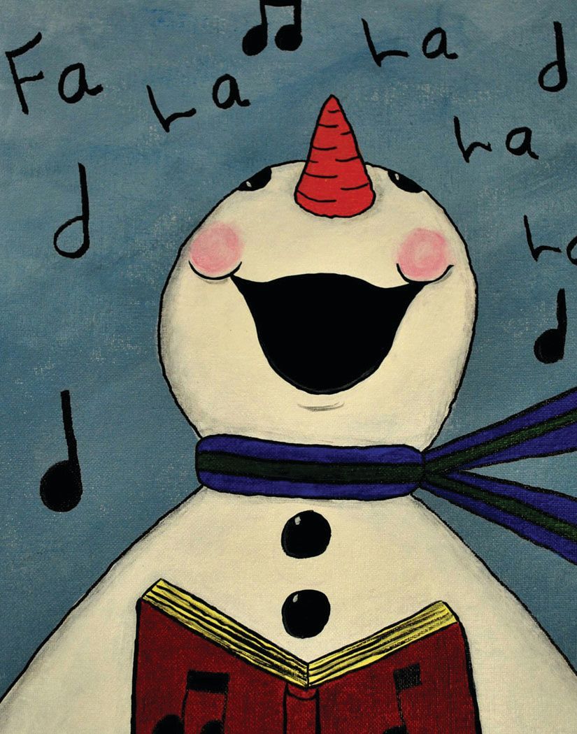 A drawing of a snowman singing fa la la