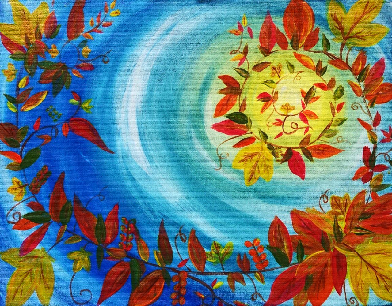 A painting of autumn leaves on a blue background