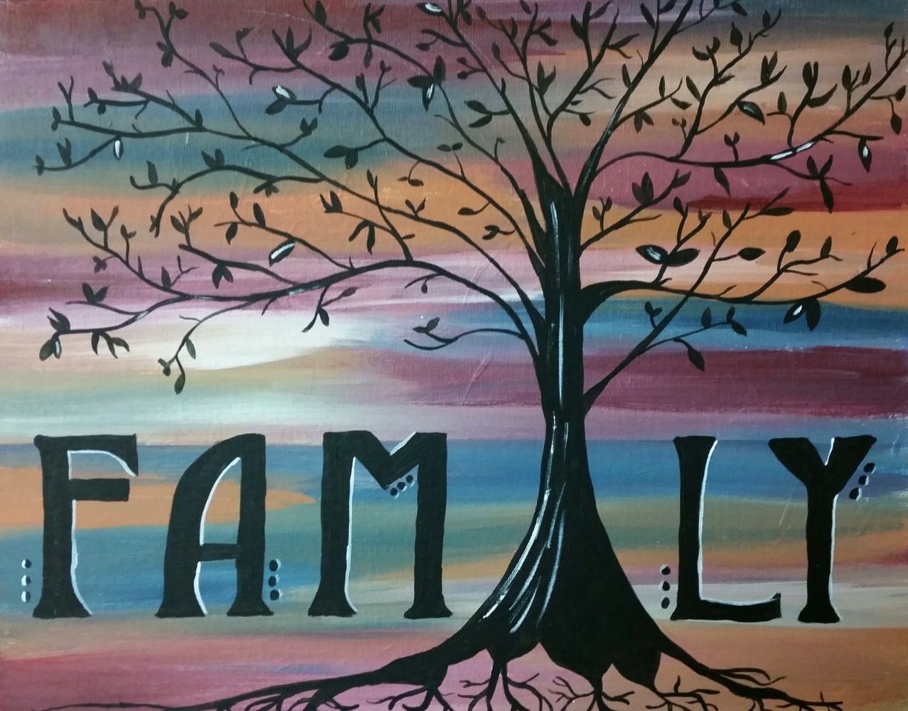 A painting of a tree with the word family below it
