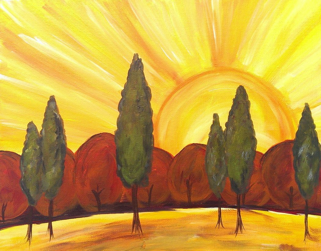 A painting of a sunset with trees in the foreground