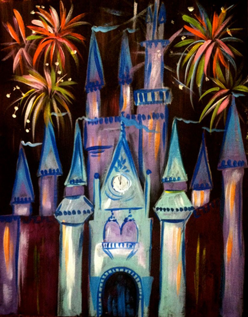 A painting of a castle with fireworks in the background