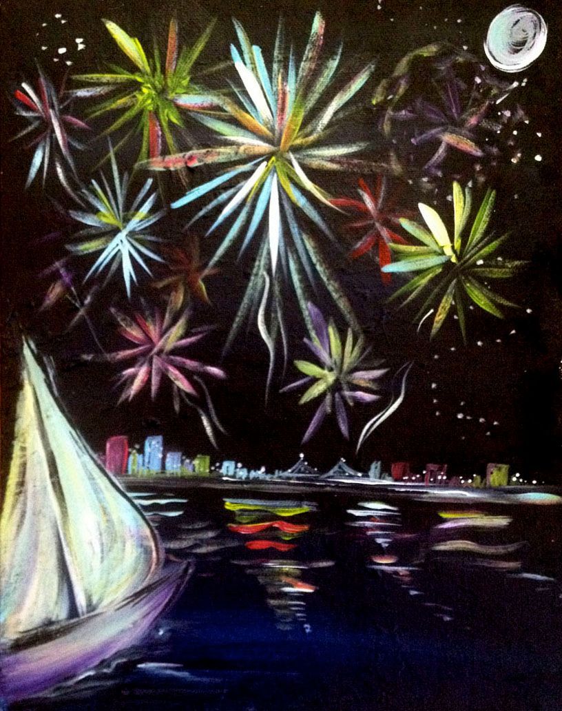 A painting of a sailboat with fireworks in the background