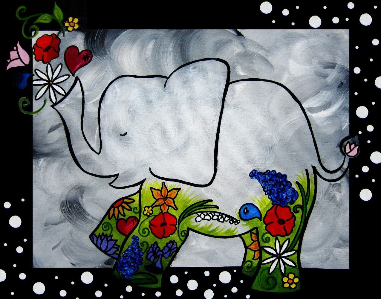 A painting of an elephant surrounded by flowers and hearts