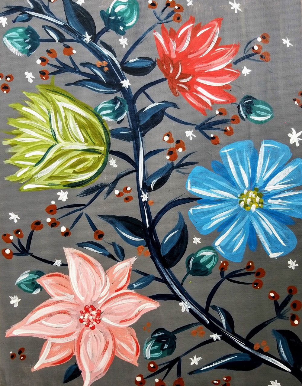 A painting of colorful flowers on a gray background