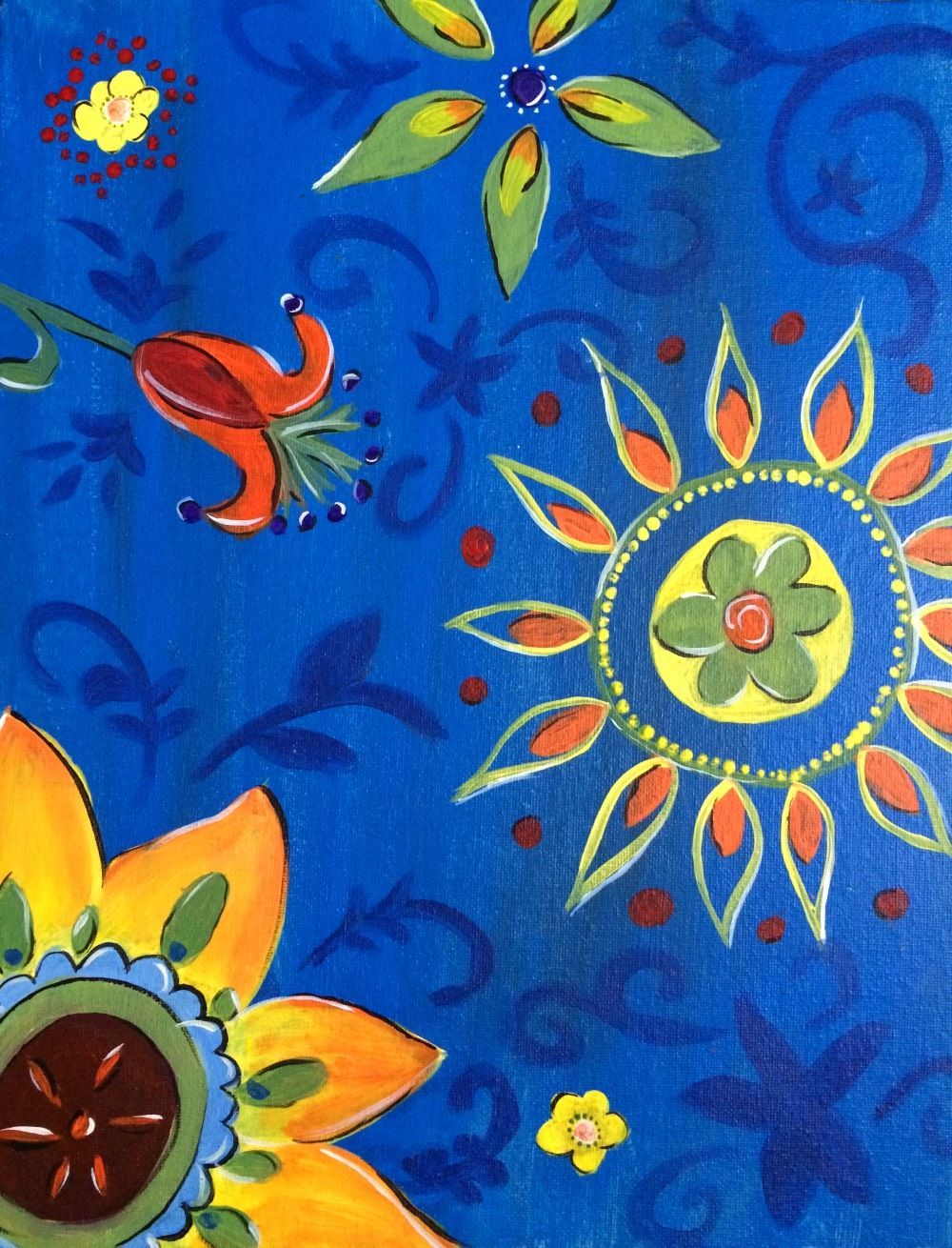 A colorful painting of flowers on a blue background