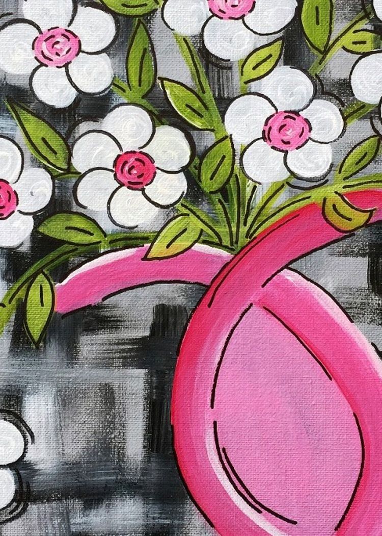 A pink vase filled with pink and white flowers on a gray background.