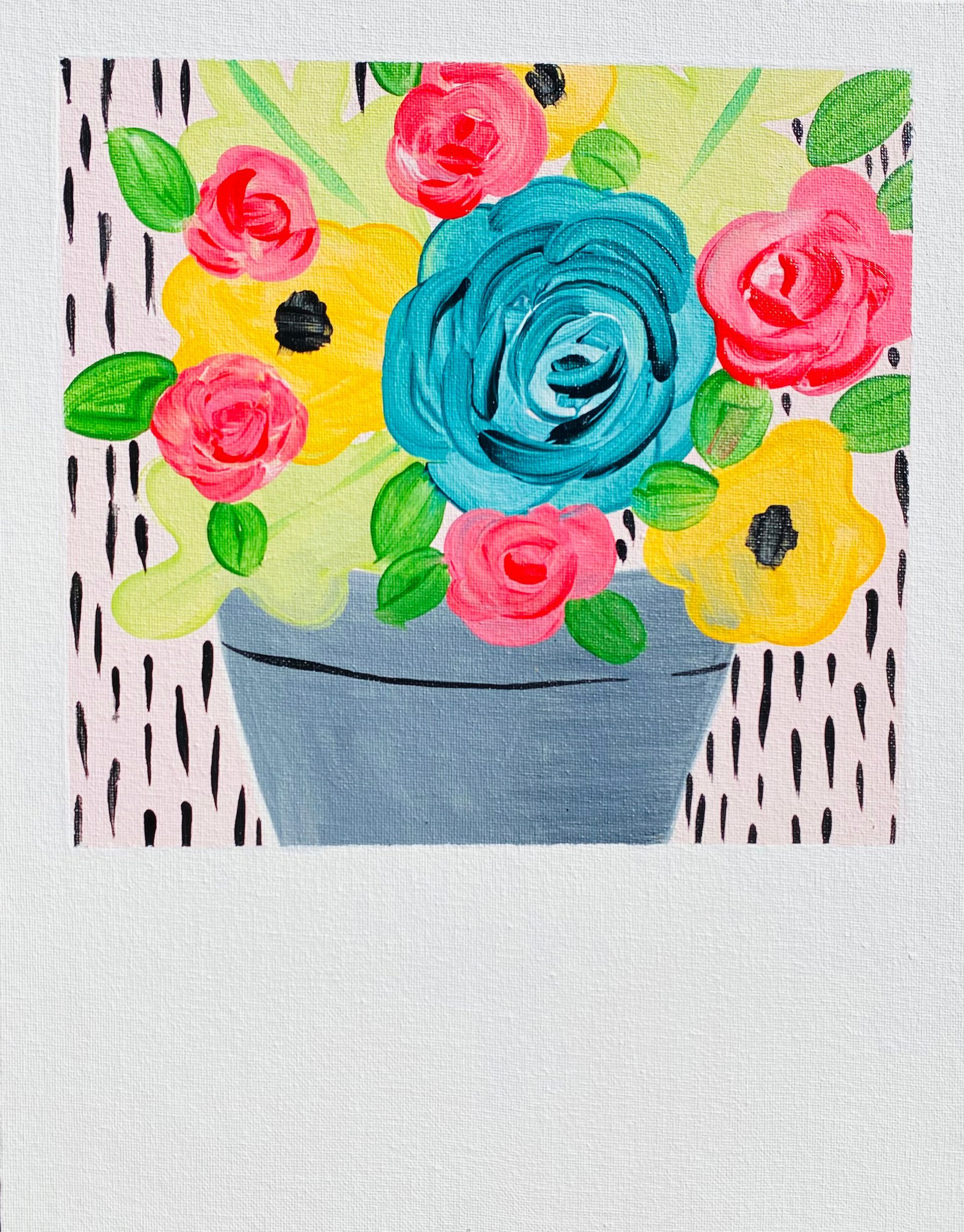 A painting of colorful flowers in a blue pot