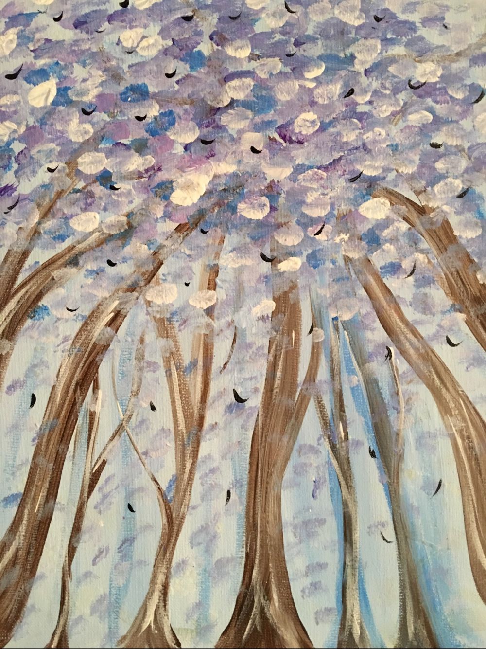 A painting of trees with purple flowers on them