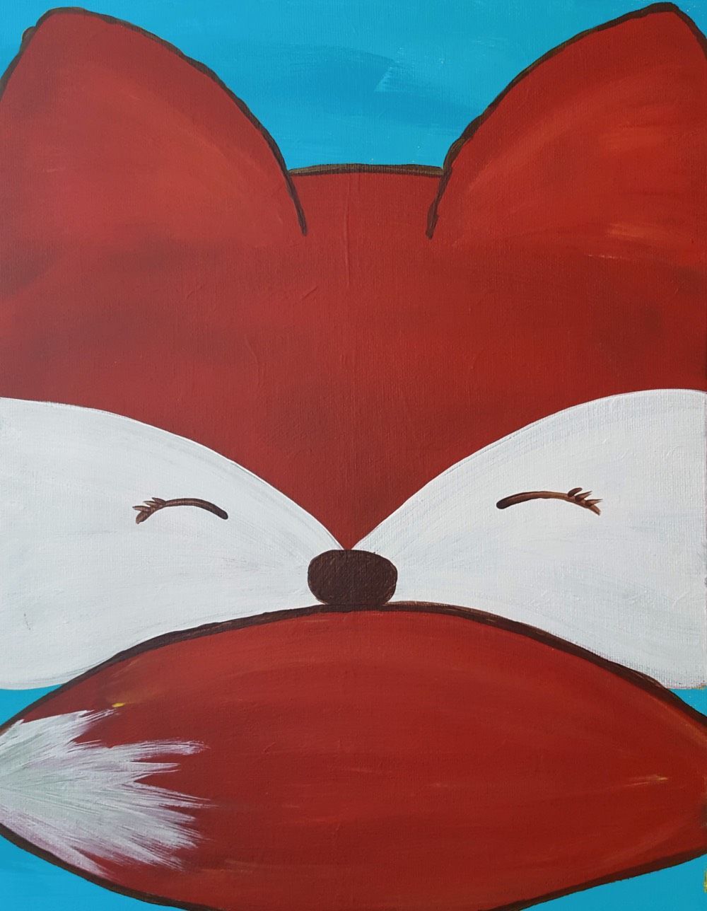 A painting of a red fox with its eyes closed