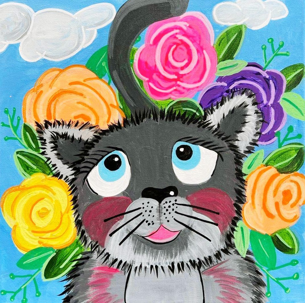 A painting of a cat surrounded by flowers on a blue background