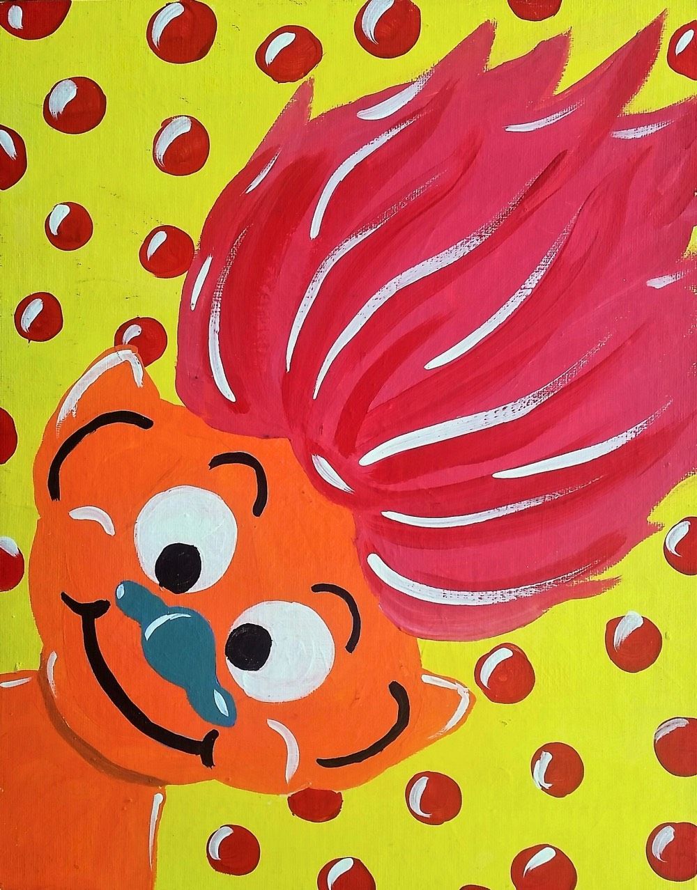 A painting of a troll with pink hair on a yellow background