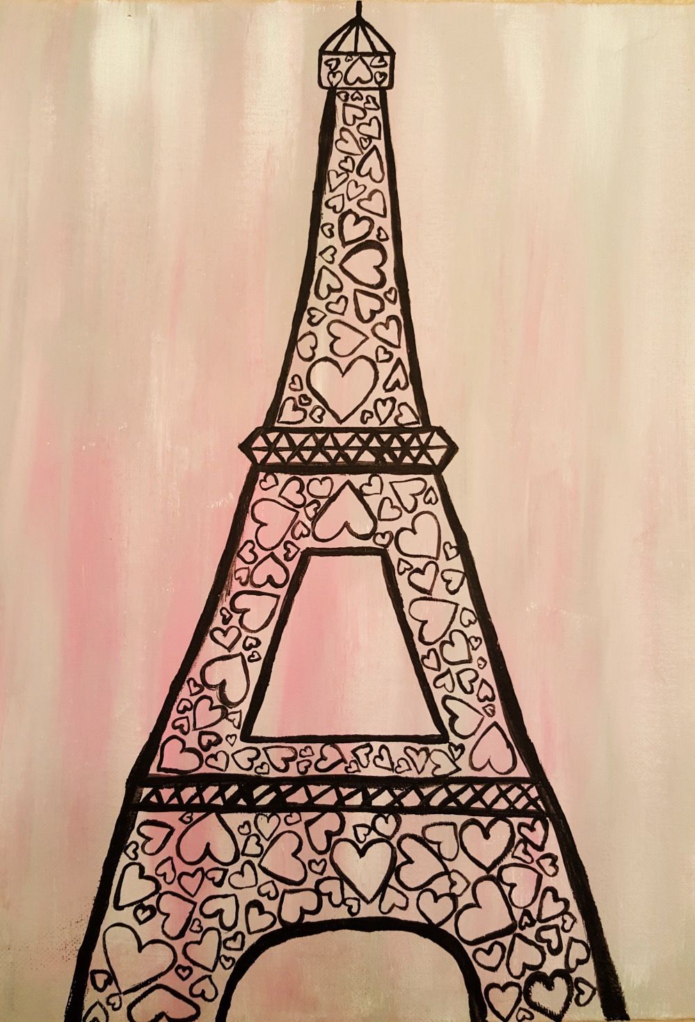 A drawing of the eiffel tower with hearts on it