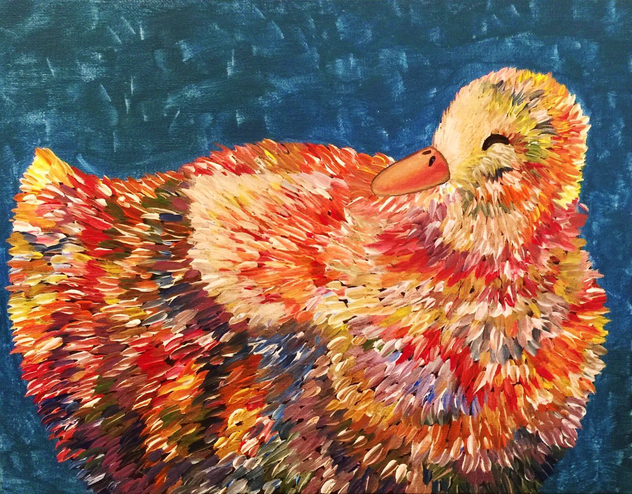 A colorful painting of a duck with a blue background