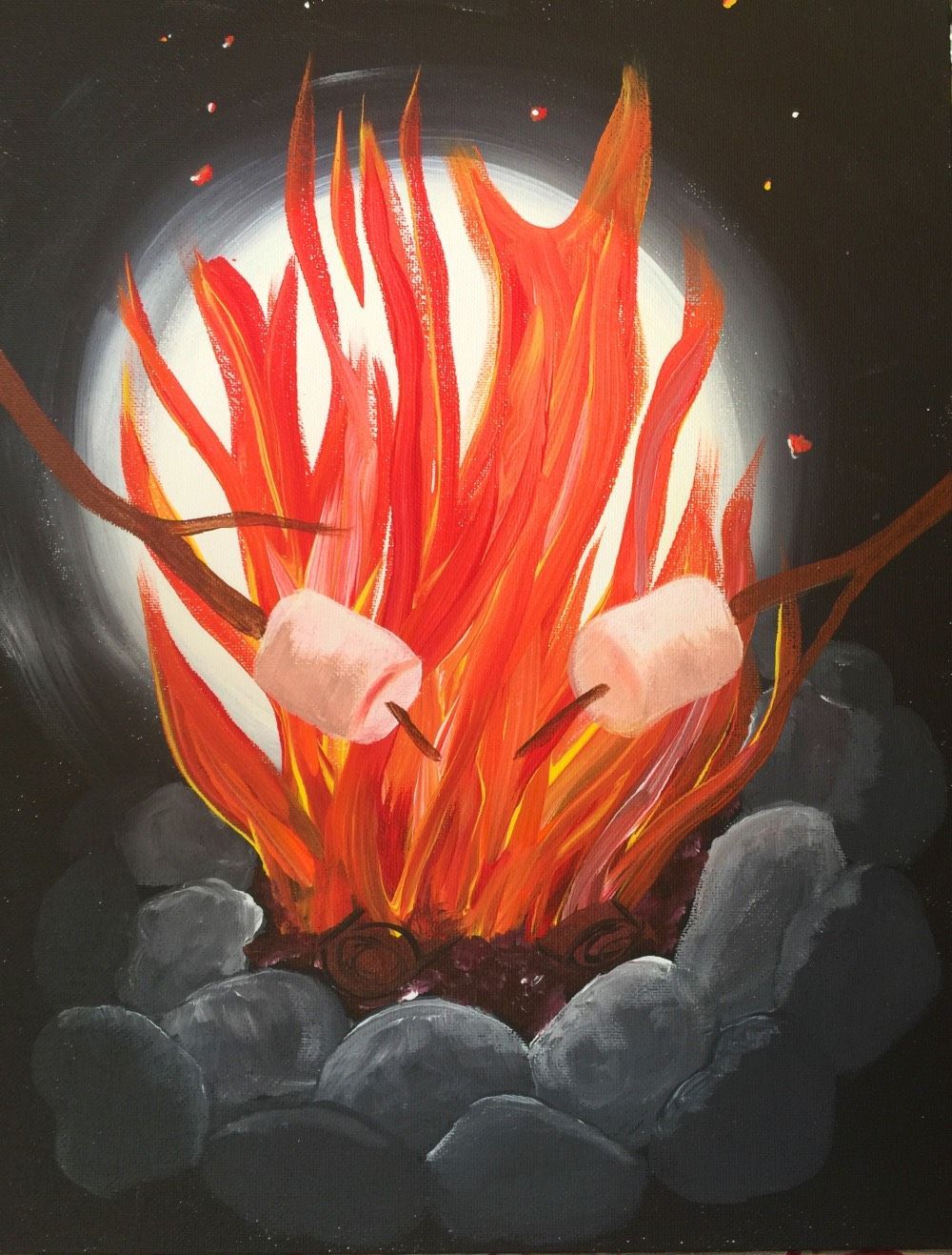 A painting of a campfire with marshmallows on sticks