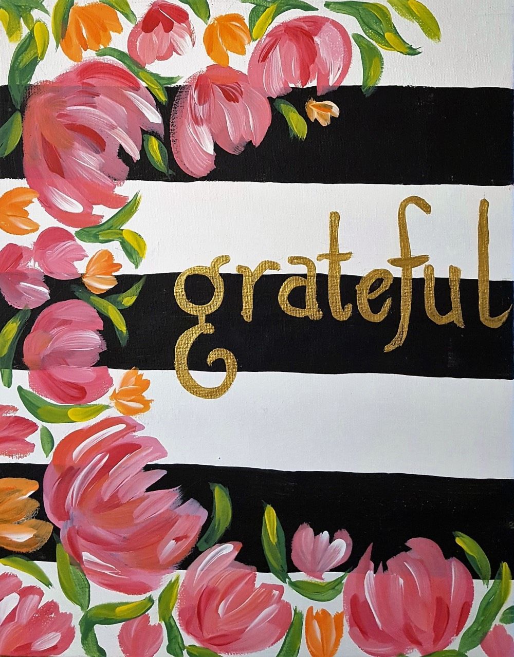 A black and white striped background with pink flowers and the word grateful