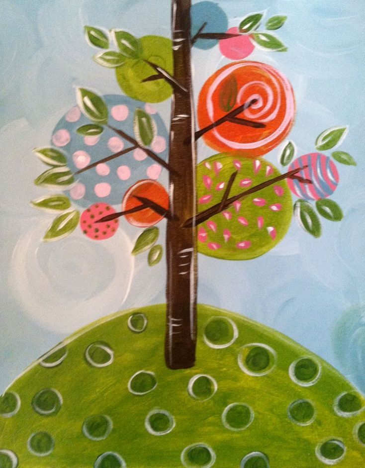 A painting of a tree with colorful leaves and flowers