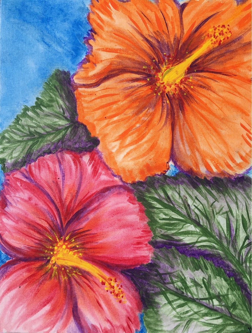 A painting of two hibiscus flowers on a blue background