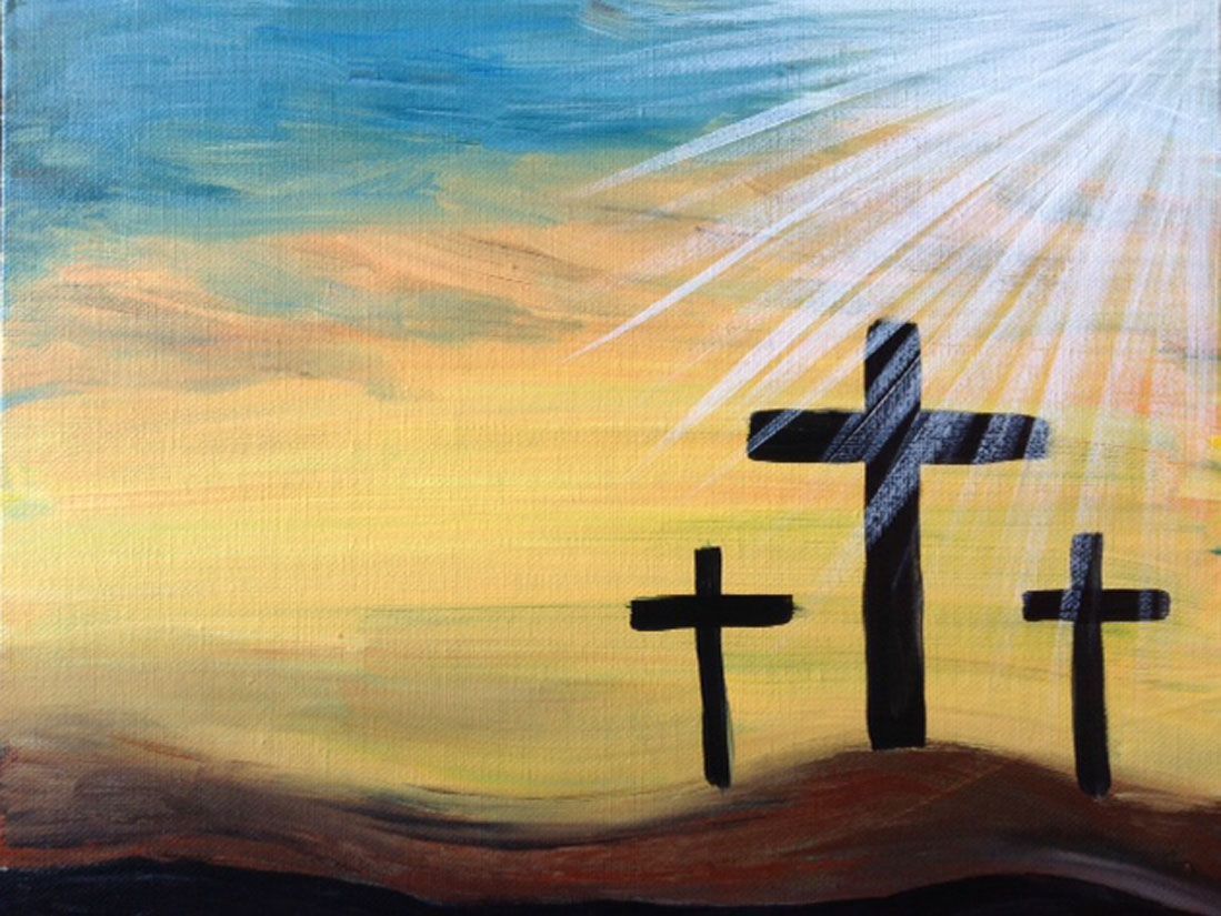 A painting of three crosses on a hill with the sun shining through them.