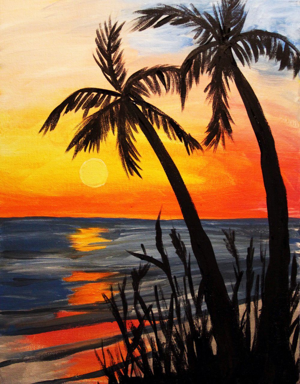 A painting of palm trees on a beach at sunset