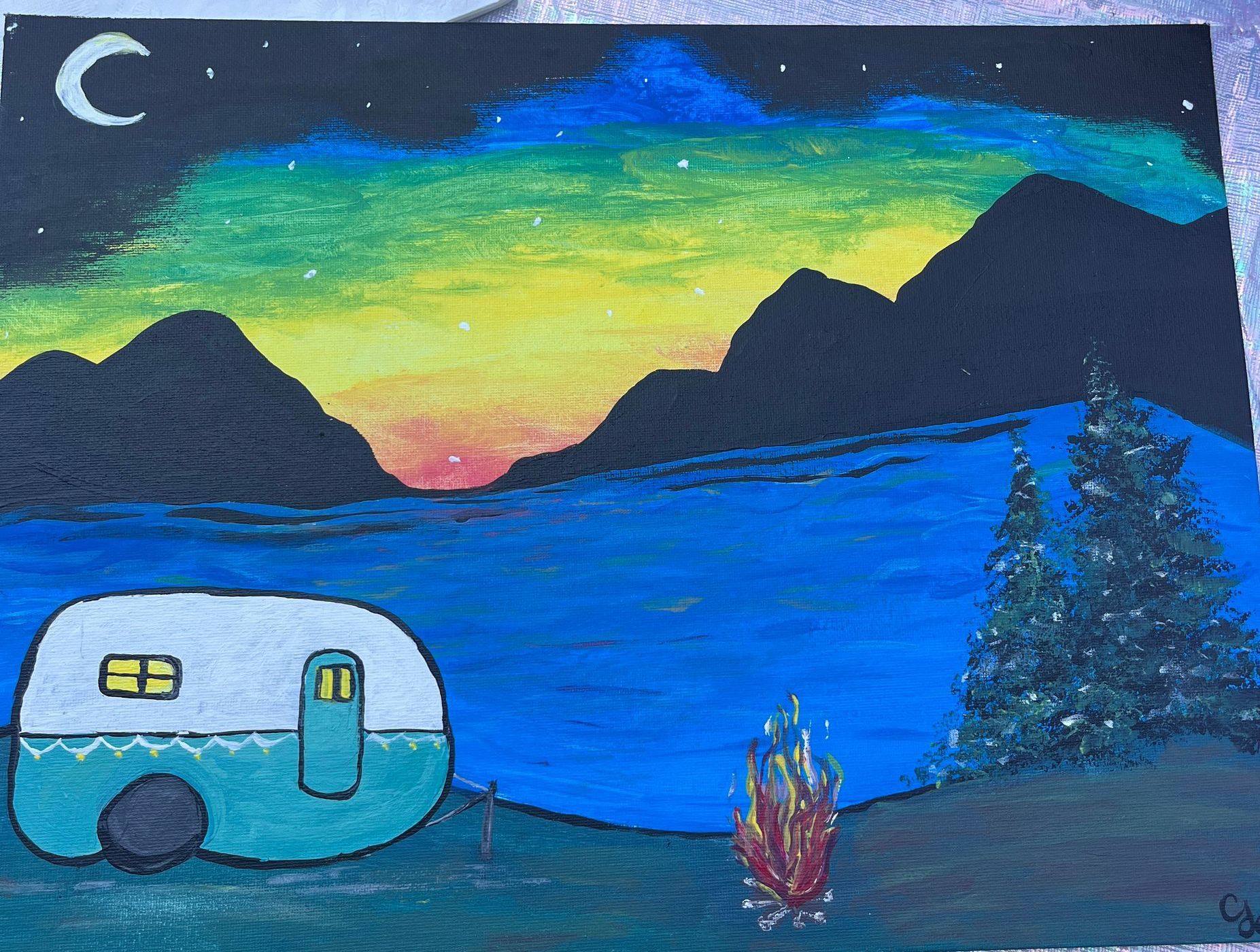 A painting of a camper by a lake with mountains rainbow sky and a crescent moon in the background.