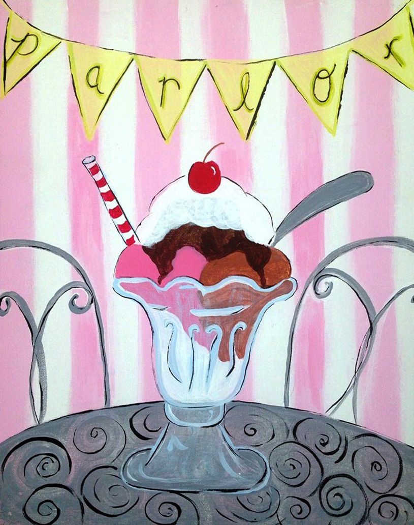 A painting of a sundae with a cherry on top
