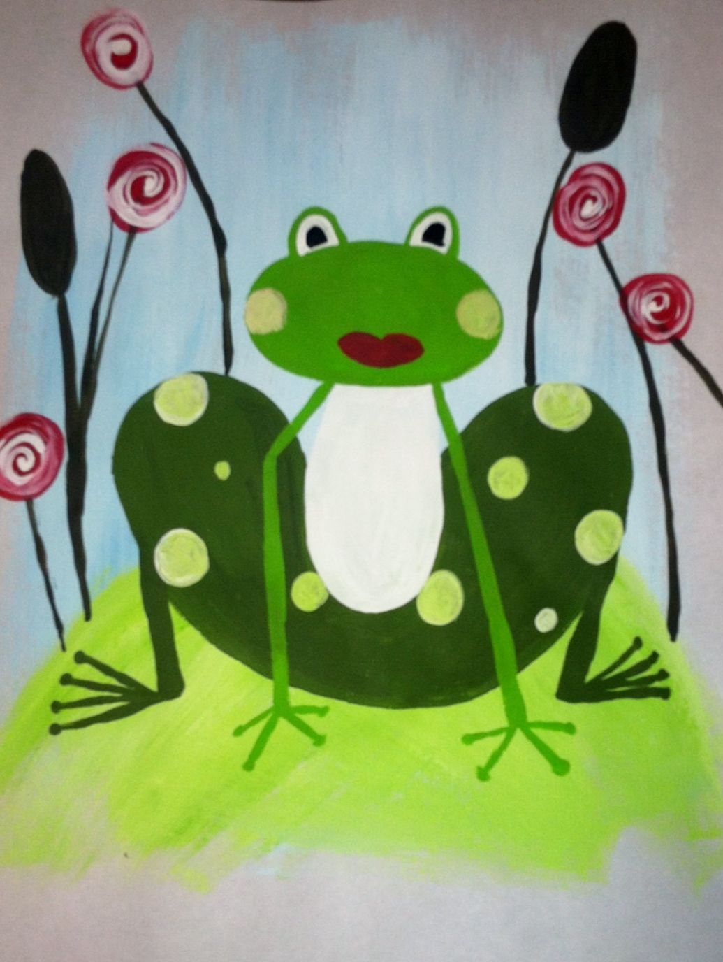 A painting of a frog with flowers in the background
