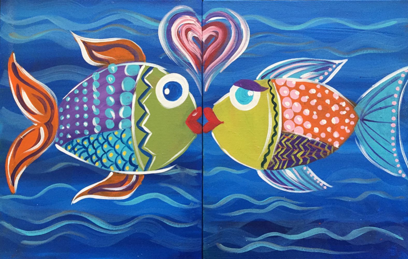 A painting of two fish kissing in the ocean