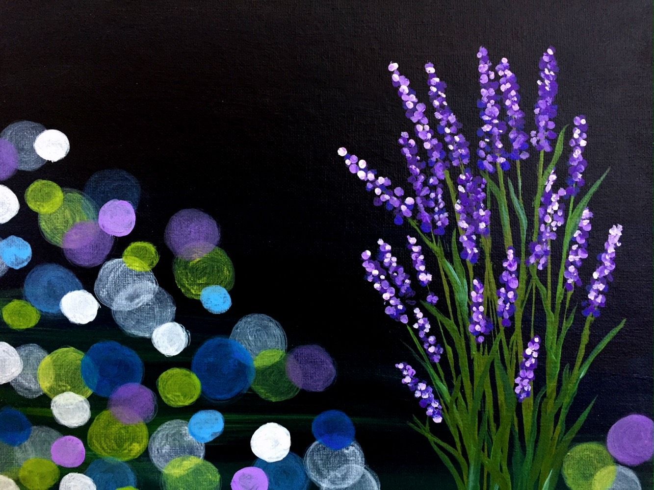 A painting of purple flowers on a black background